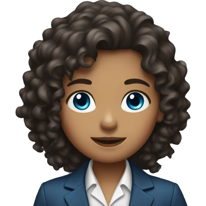 Girl with long dark brown curly hair and blue eyes and a blazer emoji