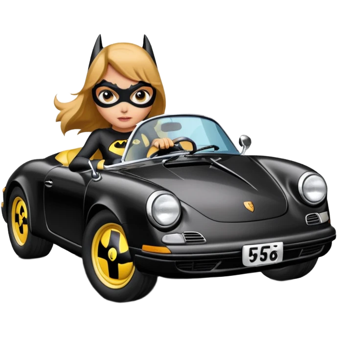 BatGirl driving her satin-black 56 Porsche spider too fast in the country despite the rainy conditions making the tires slippery sliding sideways  emoji
