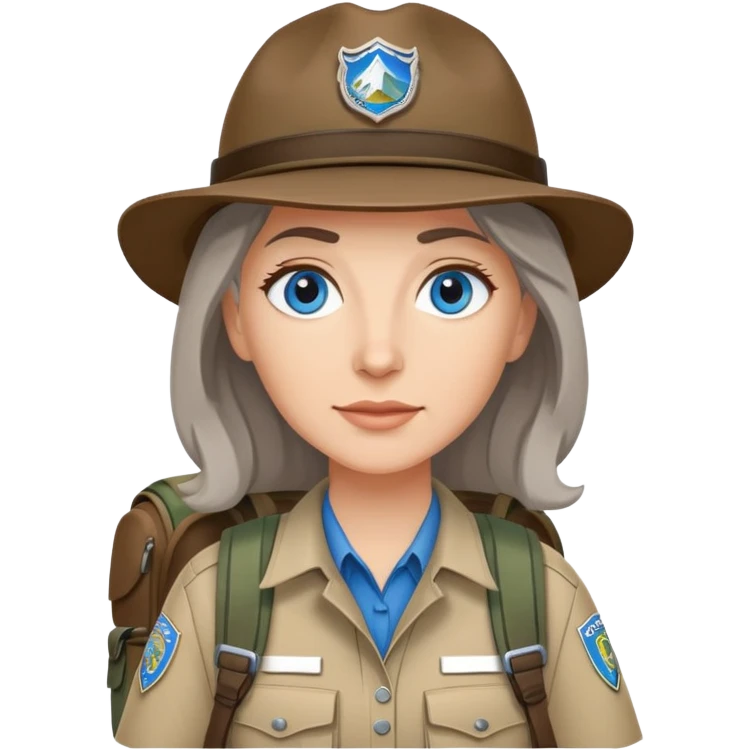 white woman park ranger with blue eyes, brown and gray hair, wearing a backpack emoji