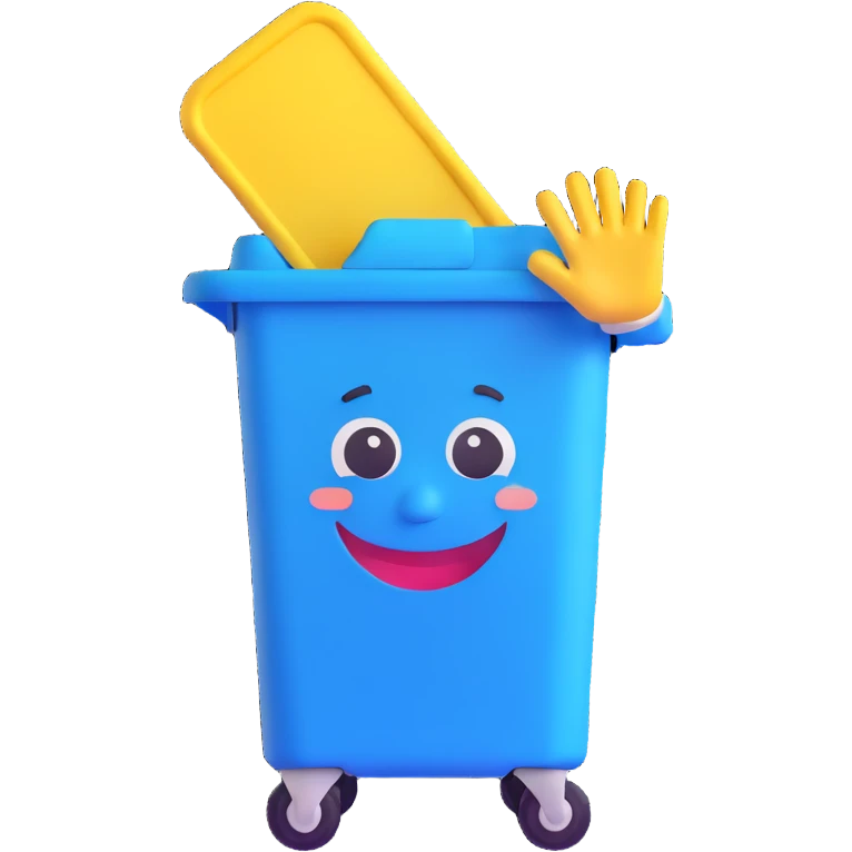 blue bin with a smiling face, waving emoji