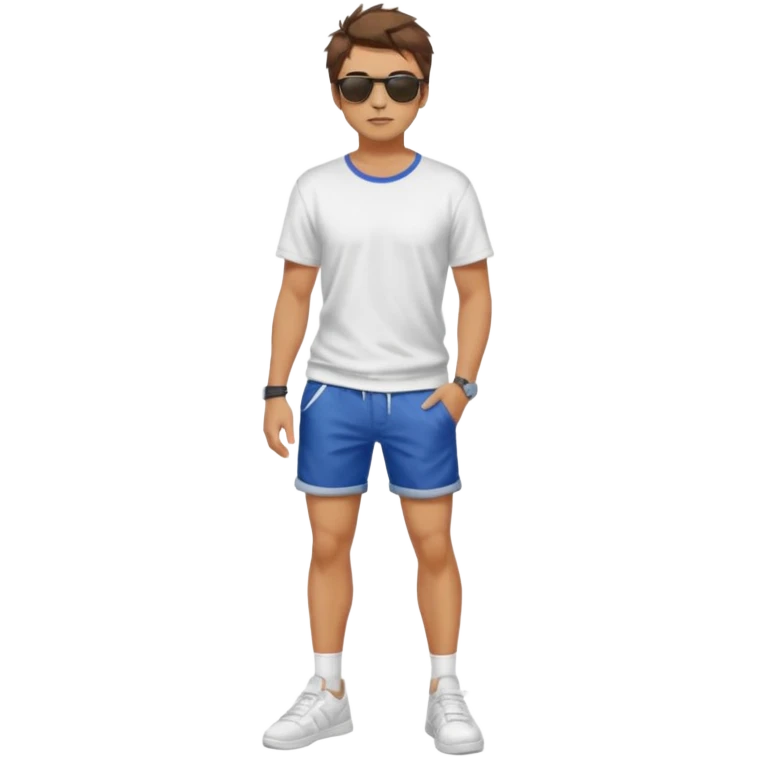 Handsome. Male. Short brown hair. Messy hairstyles. Sunglasses. Sexy pose. Full body. Wearing shorts. White tekkies emoji