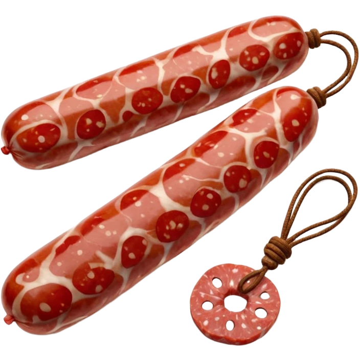 whole dry-cured sausage white-mottled casing tied with string sliced end marbled red meat and white fat round slices beside glossy speckled irregular edges soft lighting emoji scale emoji