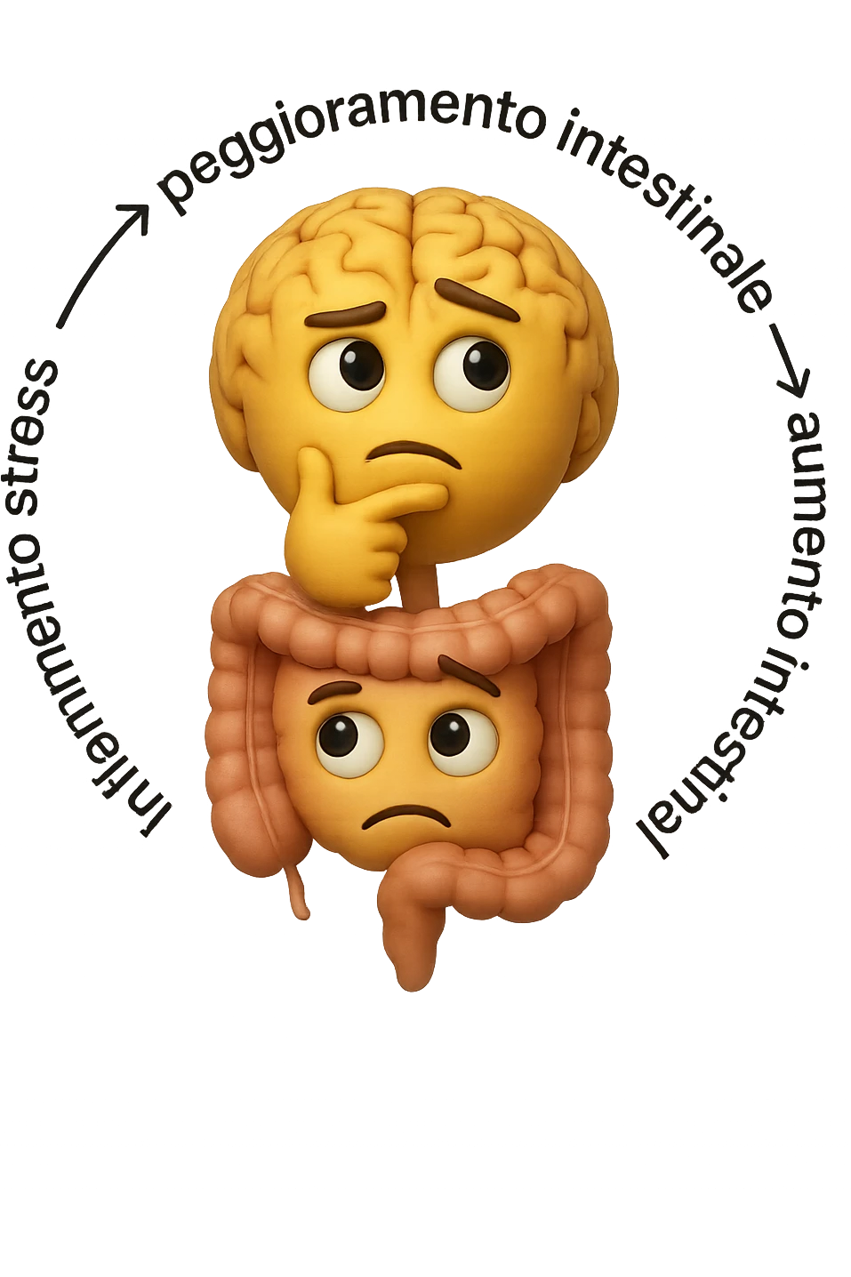 EMOJI STILE IPHONE 3D DI un cerchio con queste scritte che girano intorno "stress → peggioramento intestinale → aumento infiammazione → peggioramento sintomi intestinali e sistemici." al centro del cerchio metti un cervello e intestino umani collegati verticalmente con espressione dubbiosa in volto, FALLO MOLTO REALISTICO IN 3D emoji