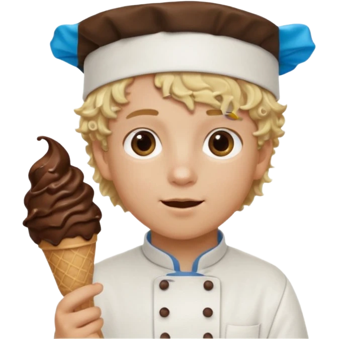 boy blonde curly hair, chef, eating chocolate ice cream emoji