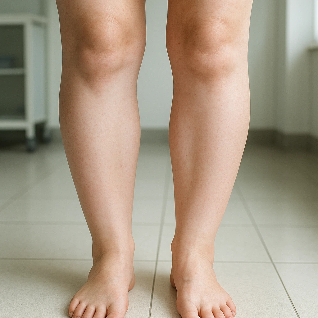 Hyperrealistic human legs in the phase of disinflamation, skin with redness and swelling decreasing, areas gradually transitioning from red to normal, clinical atmosphere, natural light, 4K details. Variant 6, skin almost completely healed. emoji