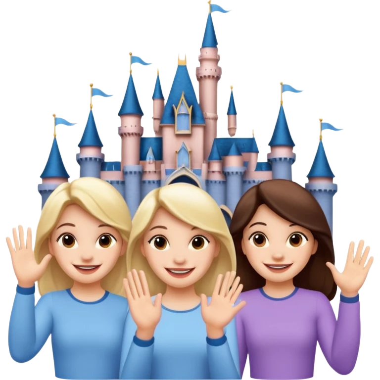 Quatro chicas DETRÁS del castillo disney POR los lados saludando emoji