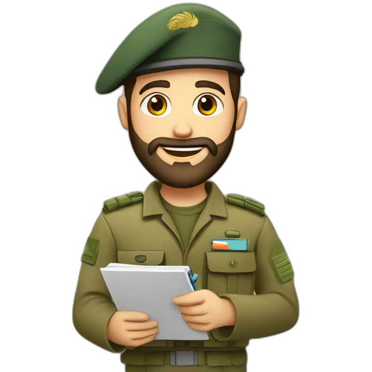 bearded man IDF soldier happy holding notebook and pen emoji