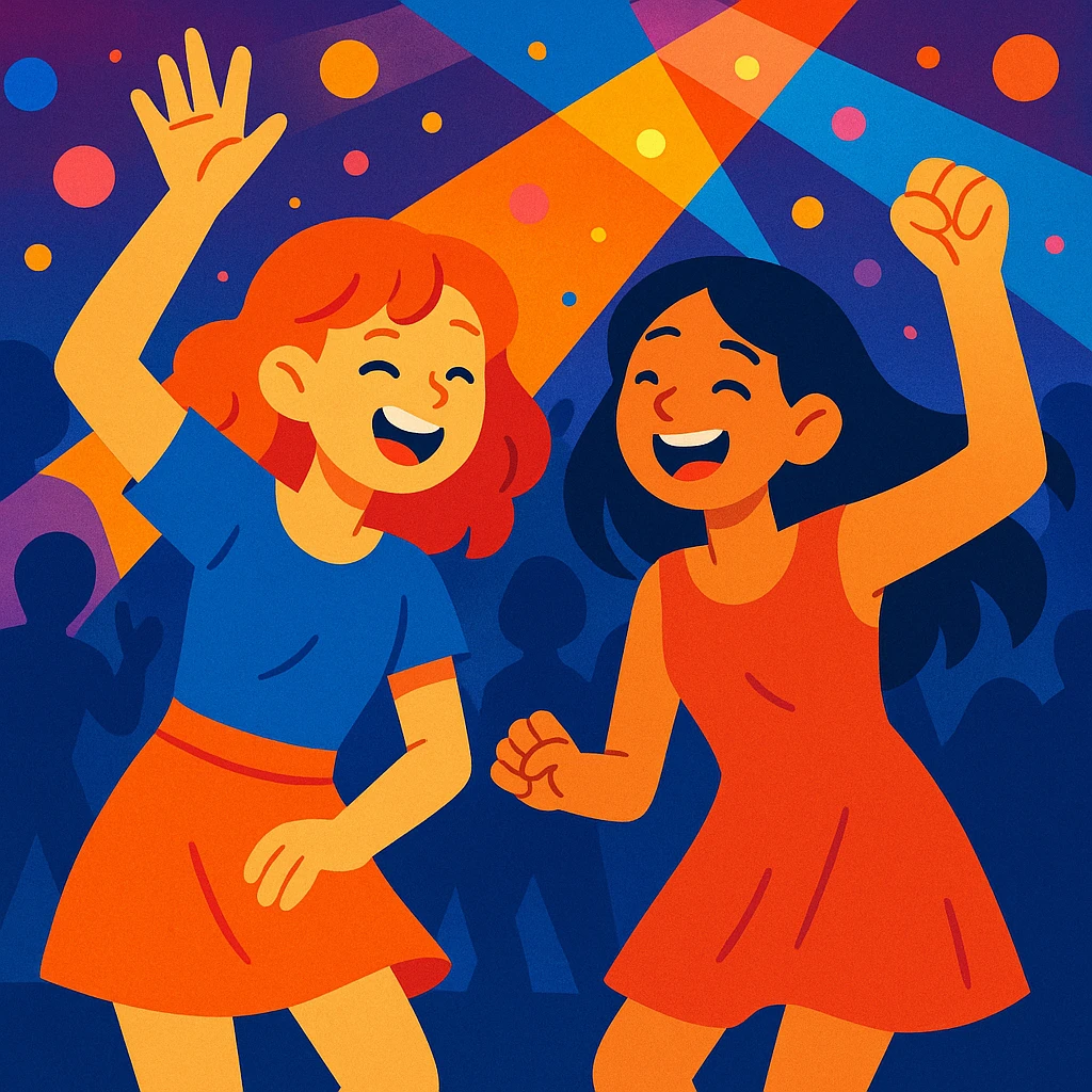 two girls having fun dancing at a party, colorful lights, vibrant, joyful, festive emoji