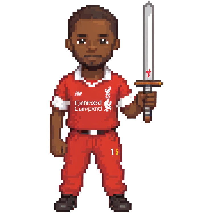 A black man holding a sword, wearing a Liverpool FC shirt and trousers emoji