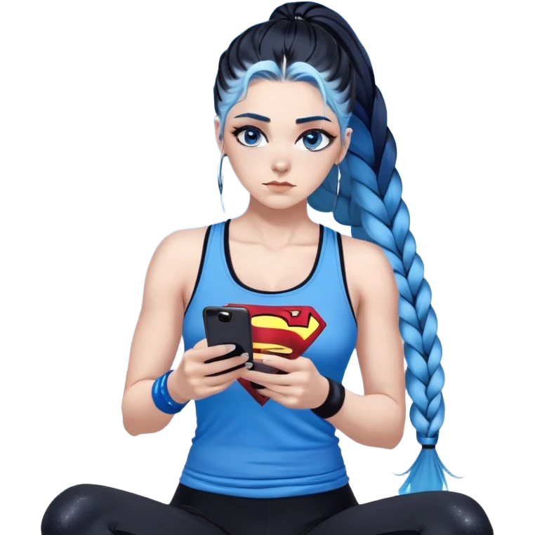 Shameful and disappointed-Female-very very very larger chest-texting on a samsung cell phone-very long straight braided black to sky blue hair ombre-blue eyes-black eyeliner-long eyelashes-glitter and sky blue very low cut tank top with superman logo-black leggings-nike hightop sneakers emoji