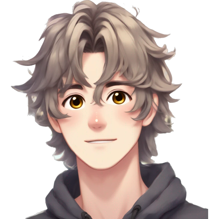 Gorgeous romantic hot attractive anime style modern anime shojo guy with pretty medium-long messy hair and colorful eyes and blushing face aesthetic trending style  pastelcore cottagecore kawaiicore emoji