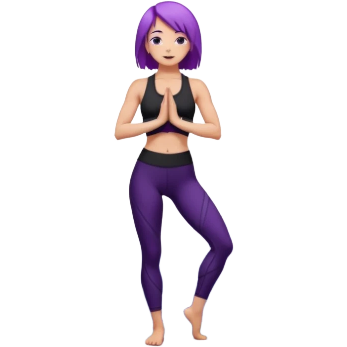 A woman with purple hair standing tall in mountain pose, wearing a black yoga outfit, calm expression, mandala background, digital art style. emoji