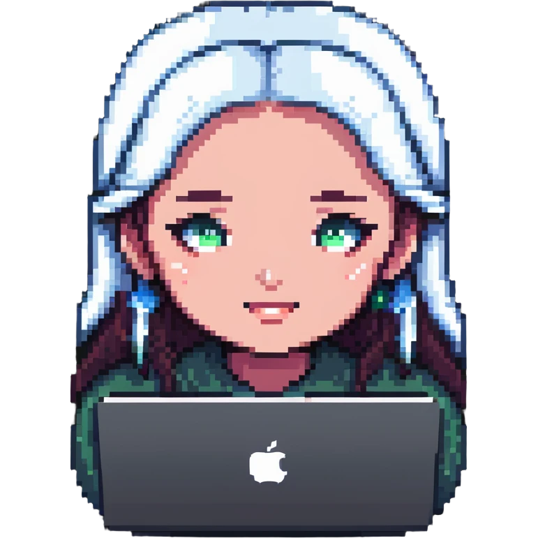 a girl's face working behind a MacBook, pixel art style emoji