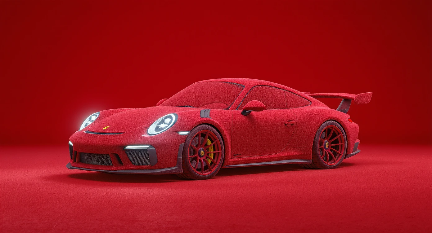 Medium shot of a porsche 911 made of carpet, red solid studio background, top soft light emoji