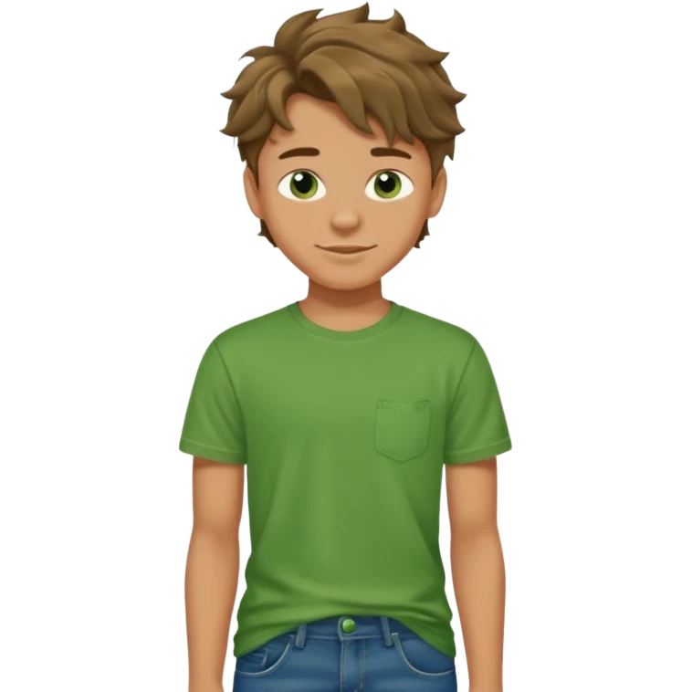 A 14 yerar old teenage boy, tanned, wearing a green t-shirt , blue jeans and green sneakers with brown wavy tousled hair, smirking emoji