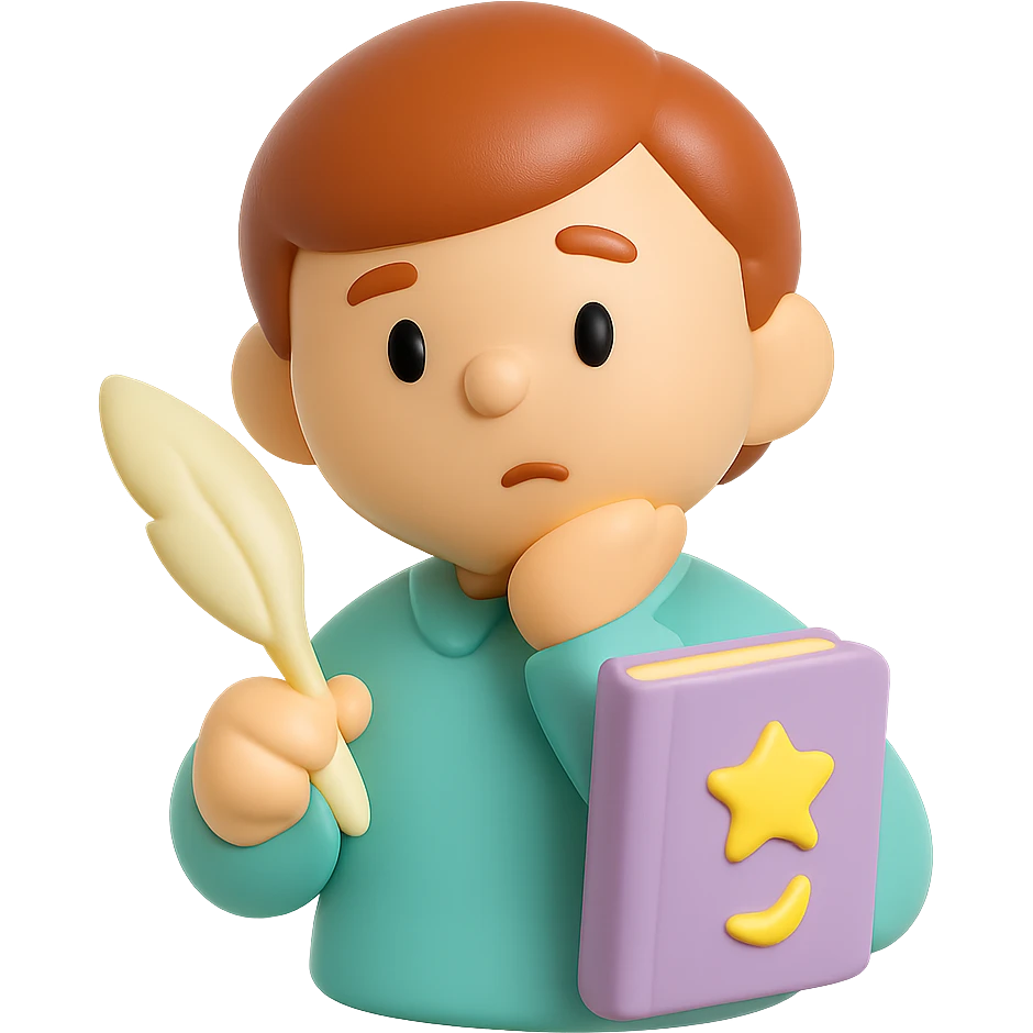 beginner author, holding a quill and a fantasy book, looking thoughtful emoji