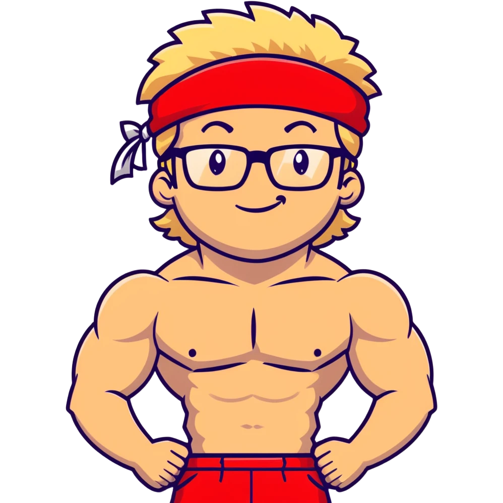 Man with black and white cap, shirtless muscular body, red shorts, clear glasses, messy light blond mullet hairstyle, flexing muscles and smiling emoji
