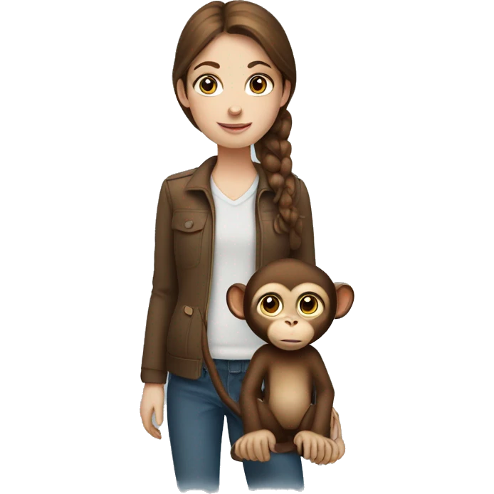 a girl with brown hair and blue eyes holding a monkey emoji