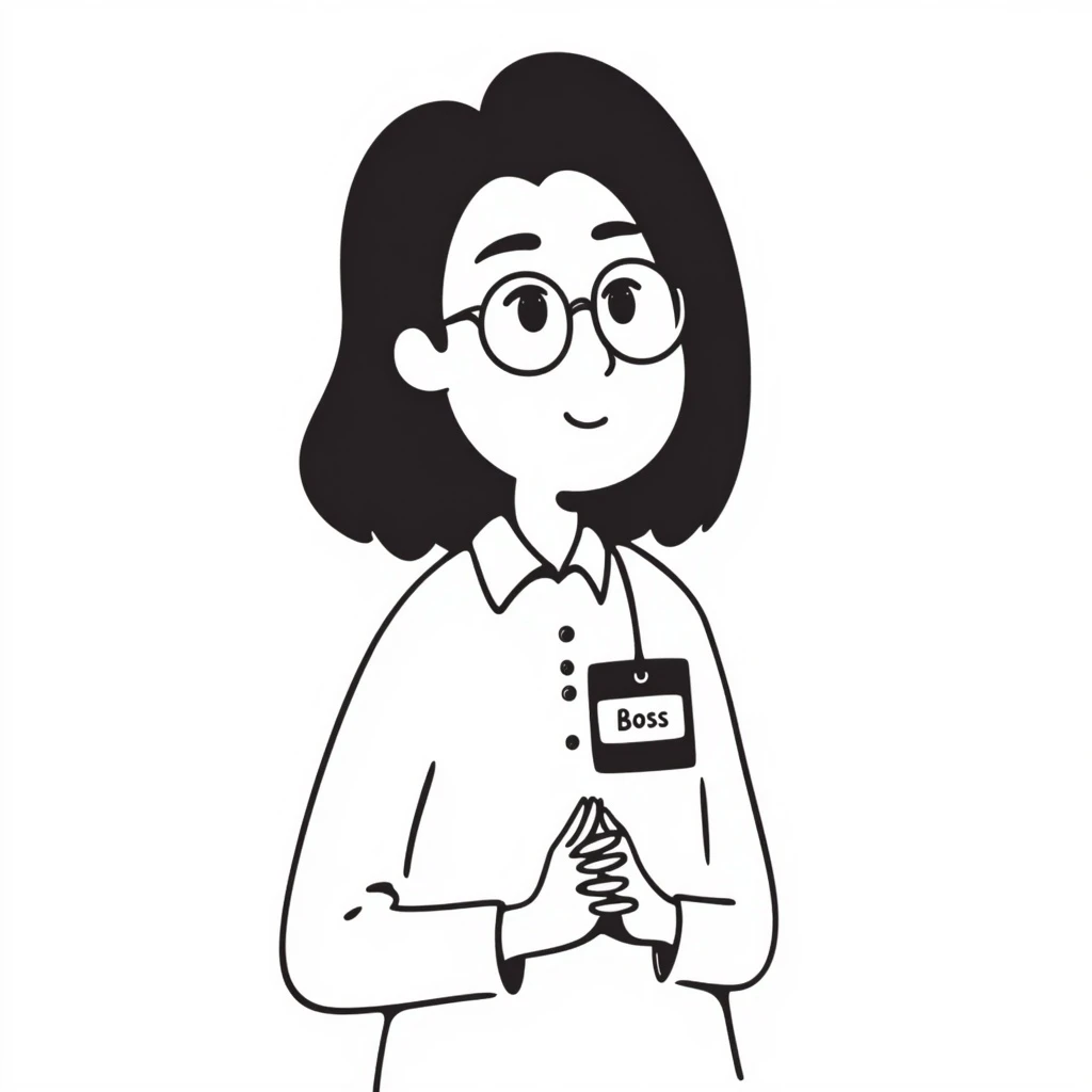 Asian girl, glasses, white shirt, work tag with her Asian young male boss's name, simple line drawing style emoji