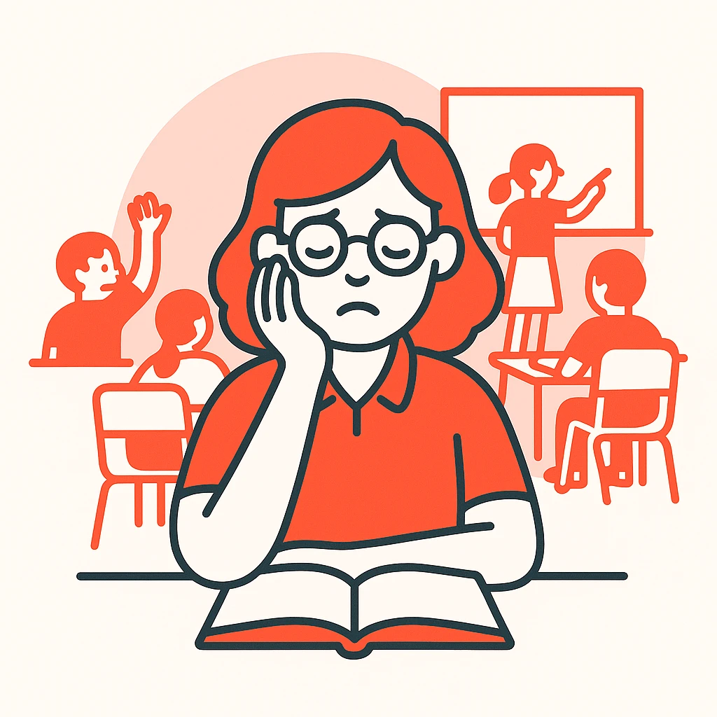 exhausted teacher in a bustling classroom emoji