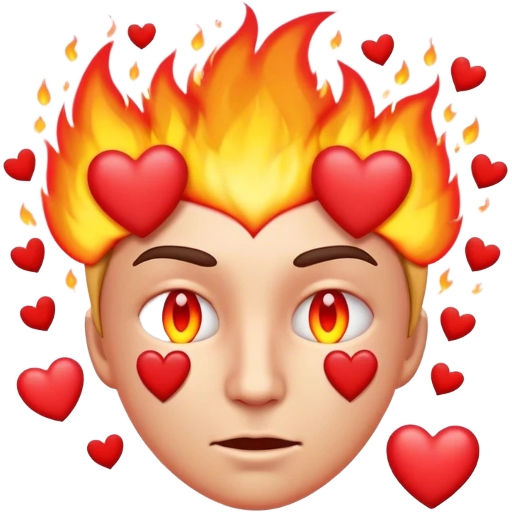 emoji face with tonge and fire on eyes, head surounded by harts emoji