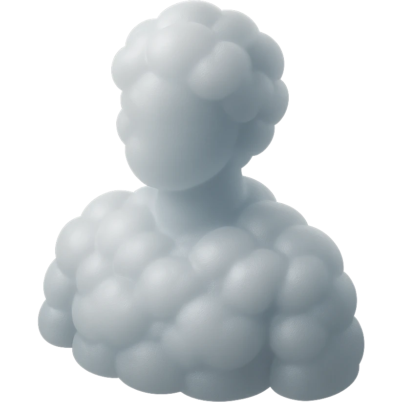 shoulder-up person fully made of white fluffy convex clouds, matte glass style emoji