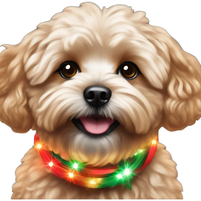 Red maltipoo with Christmas lights decorated around its neck emoji