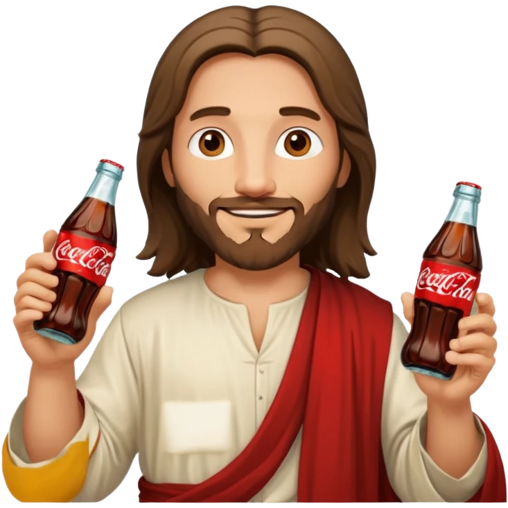 Иисус счастливый дережит в двух руках бутылочки с coca-cola 0,3 emoji
