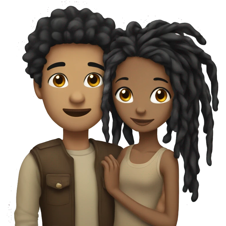 A mixed guy with black dreadlocks hugging a brown girl with chin-lenght straight black hair. emoji