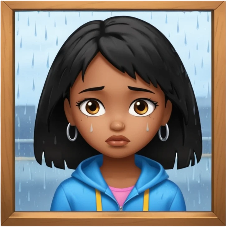generate a pretty bratz brown skinned girl with messy black hair looking out of the rainy window, looking very sad. SIDE ANGLE emoji