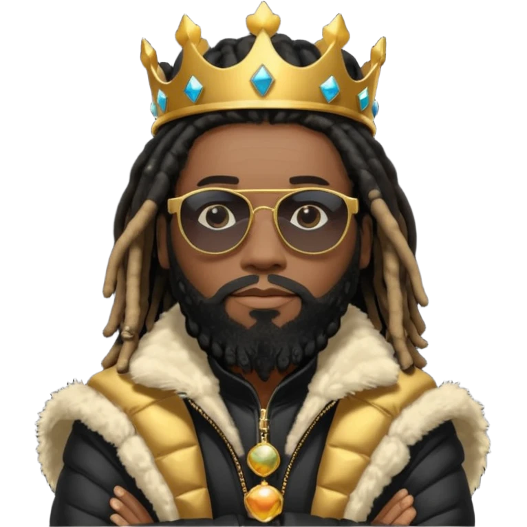 African American man with shoulder length black dreadlocks with black beard wearing  dark black sunglasses with a black bubble winter coat wearing a crown with arms folded emoji