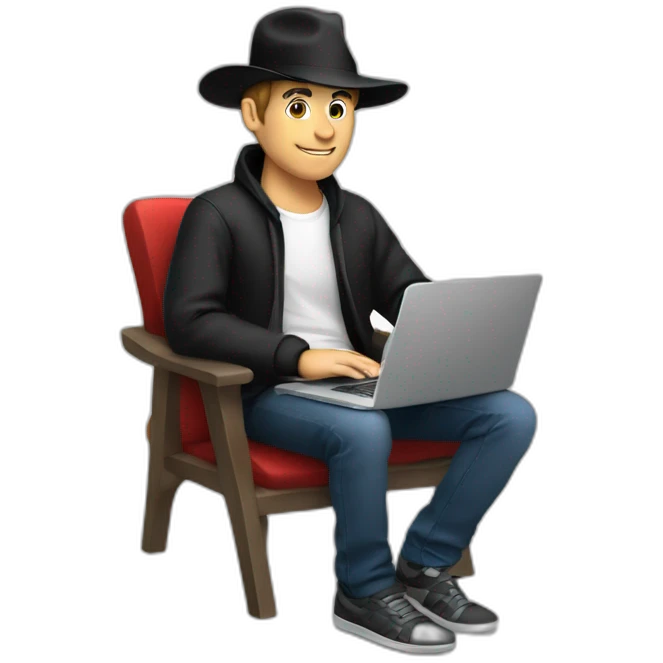 tech white guy with black hat holding a apple laptop in the lap emoji