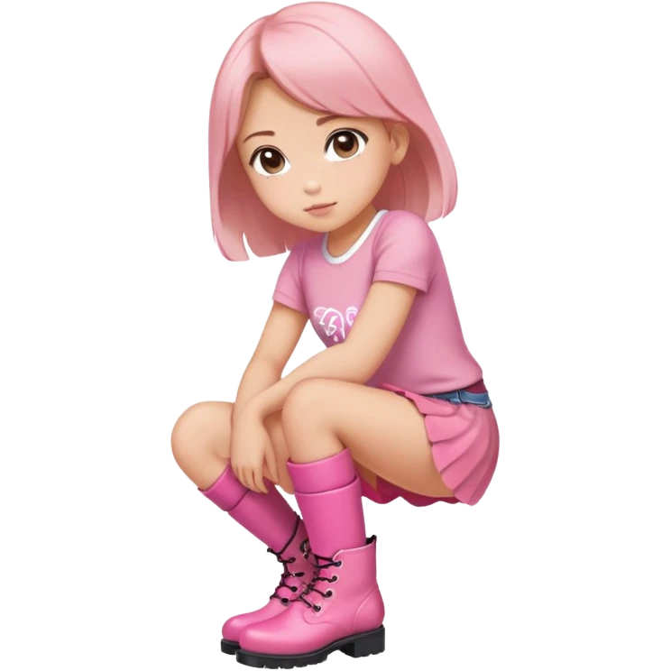  top and skirt with pink inscription “girl”  squatting in pink boots emoji