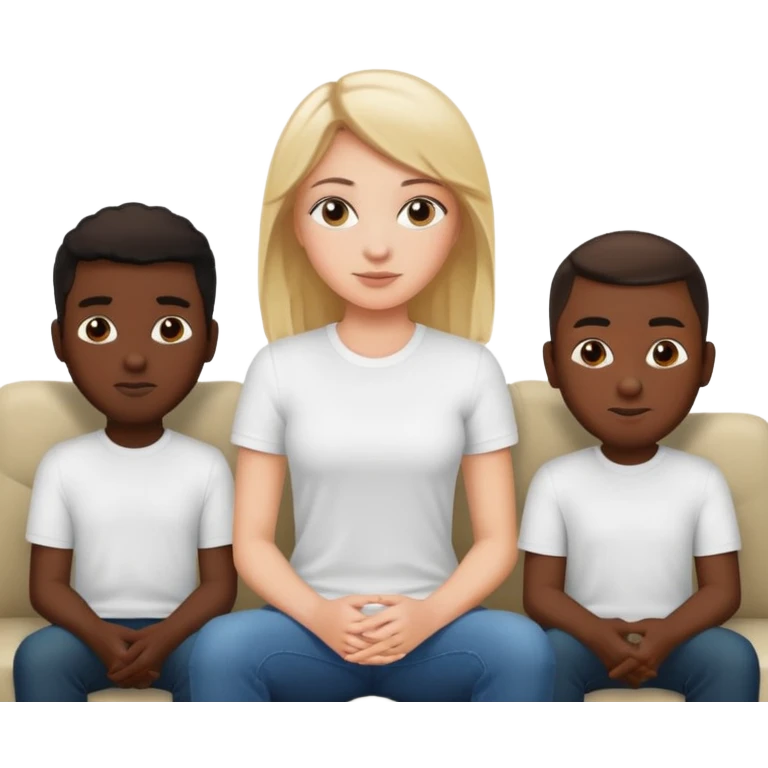 A white girl sitting on a couch with five black men in white shirts behind her  emoji