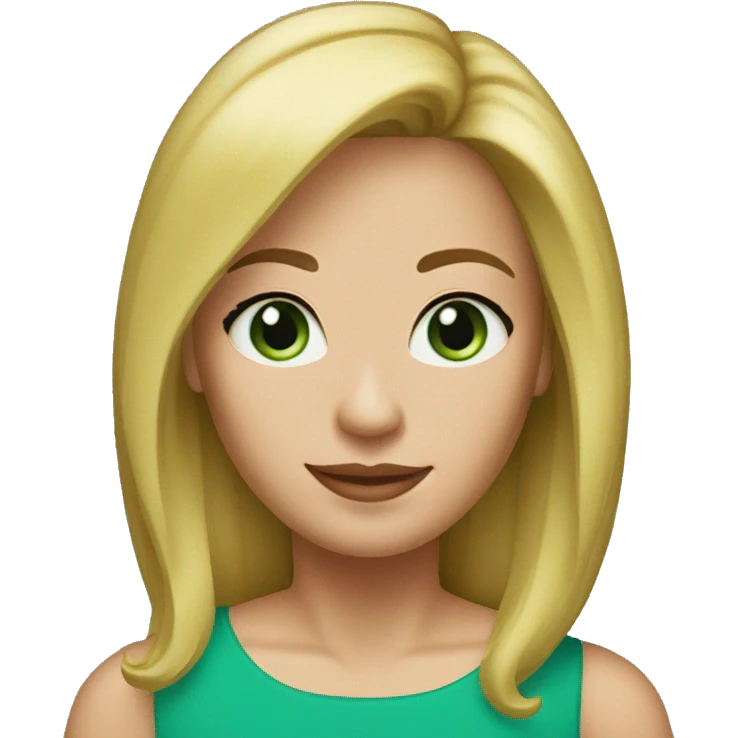 blonde hair 50 year old woman, shoulder length straight hair, blue eyes, green dress emoji