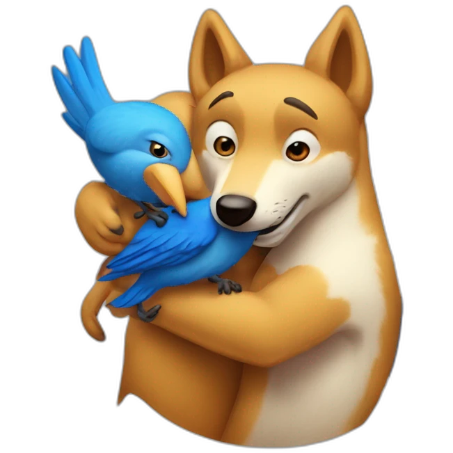 Anthropomorphic dingo giving an anthropomorphic blue bird a hug emoji