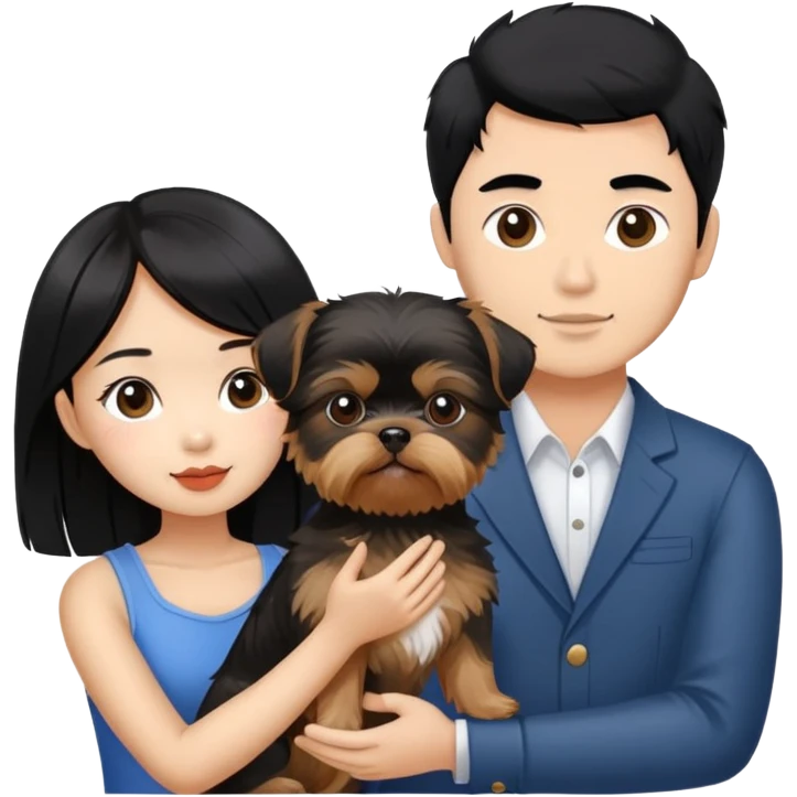 beautiful asian girl with black hair holding a yorkshire terrier, standing next to her tanned boyfriend holding a shih tzu emoji