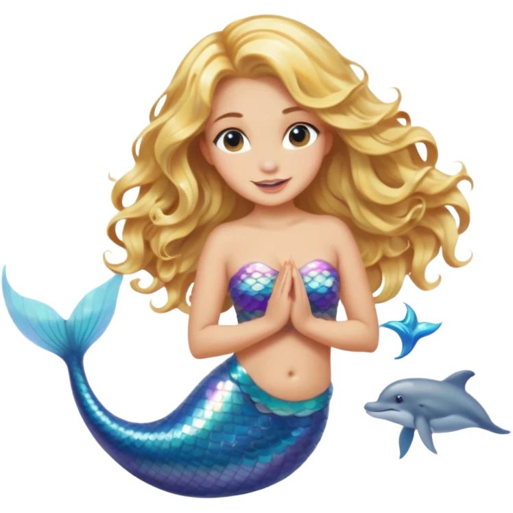 Mermaid with blonde wavy hair, light skin, with a dolphin emoji