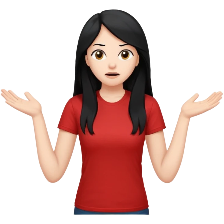 빨간색 티셔츠를 입고 긴 검정머리를 가진 여성이 모르겠다는 듯이 어깨를 올리고 고개를 살짝 왼쪽으로 틀고 왜?라는 제스처를 하고있음 🤷🏻‍♀️ emoji