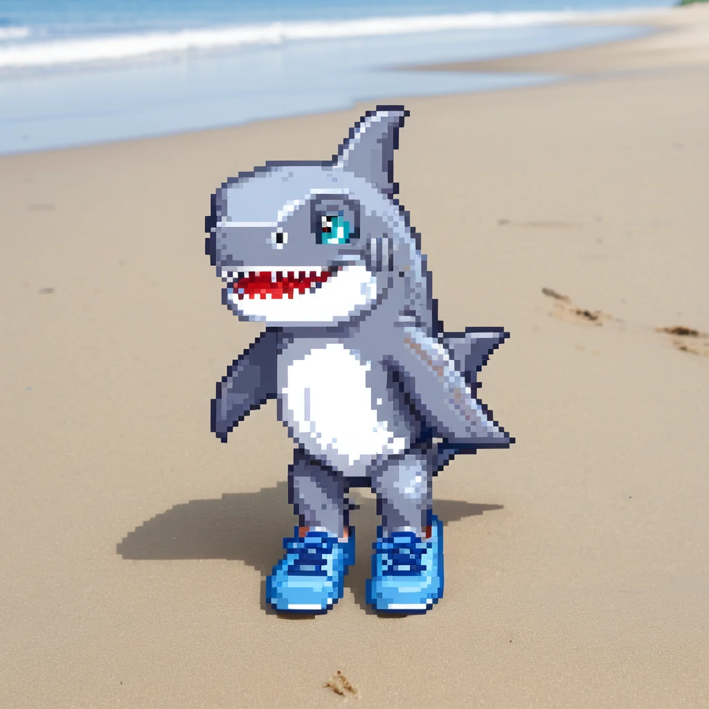 shark with blue shoes at the beach emoji