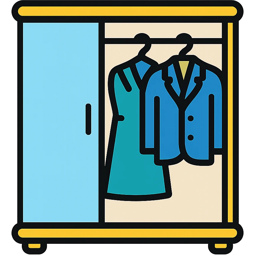 Clean minimalist closet design, partially open showing organized professional clothing inside emoji
