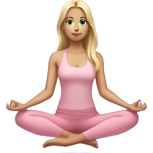 blonde long hair and green eyes yoga girl in light pink clothes sitting on a yoga mat emoji