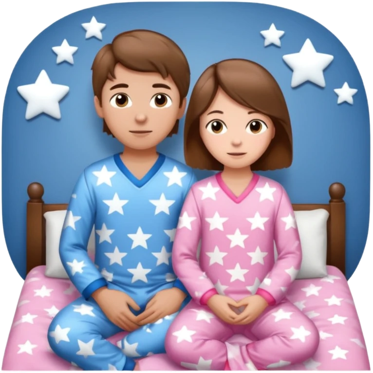 Brown haired boy with blue pajamas with stars on them and a brown haired girl with pink pajamas, and stars on them emoji