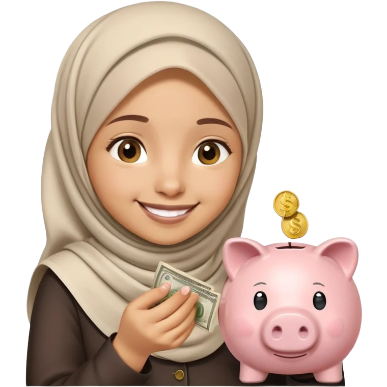smiling Muslim girl carefully putting coins and bills into piggy bank, emoji style emoji