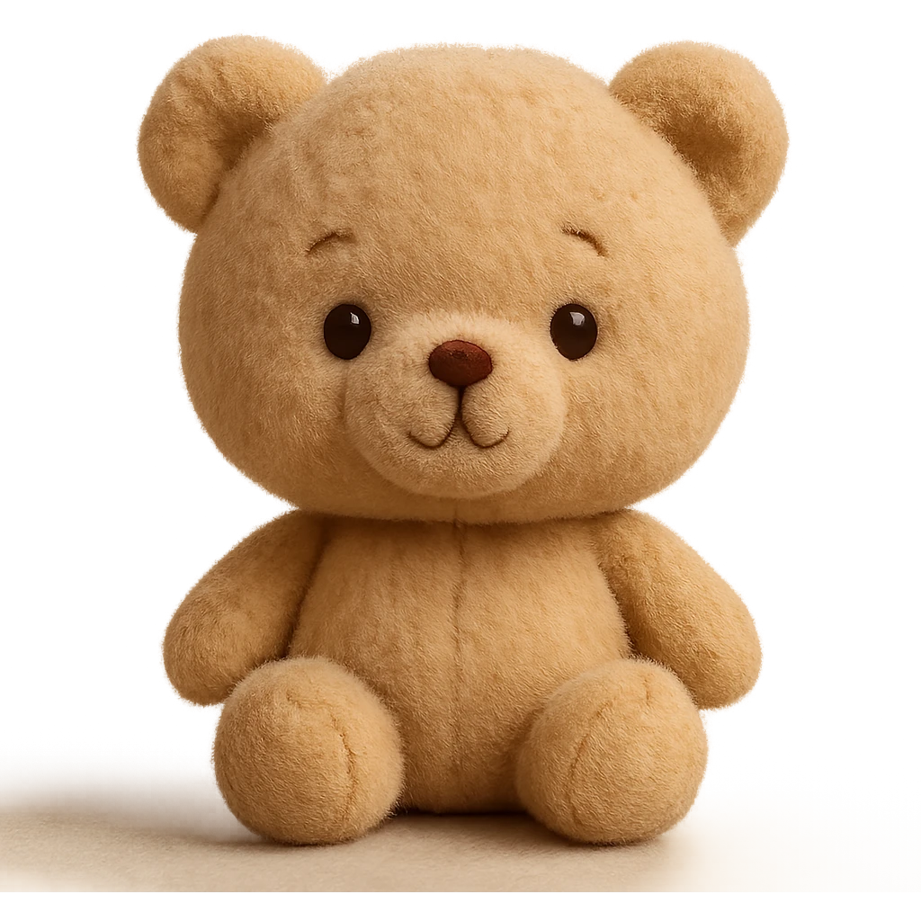 A cute teddy bear plush toy with embroidered eyes and nose, soft fuzzy texture, gentle stitching along the seams, and a warm, friendly expression emoji