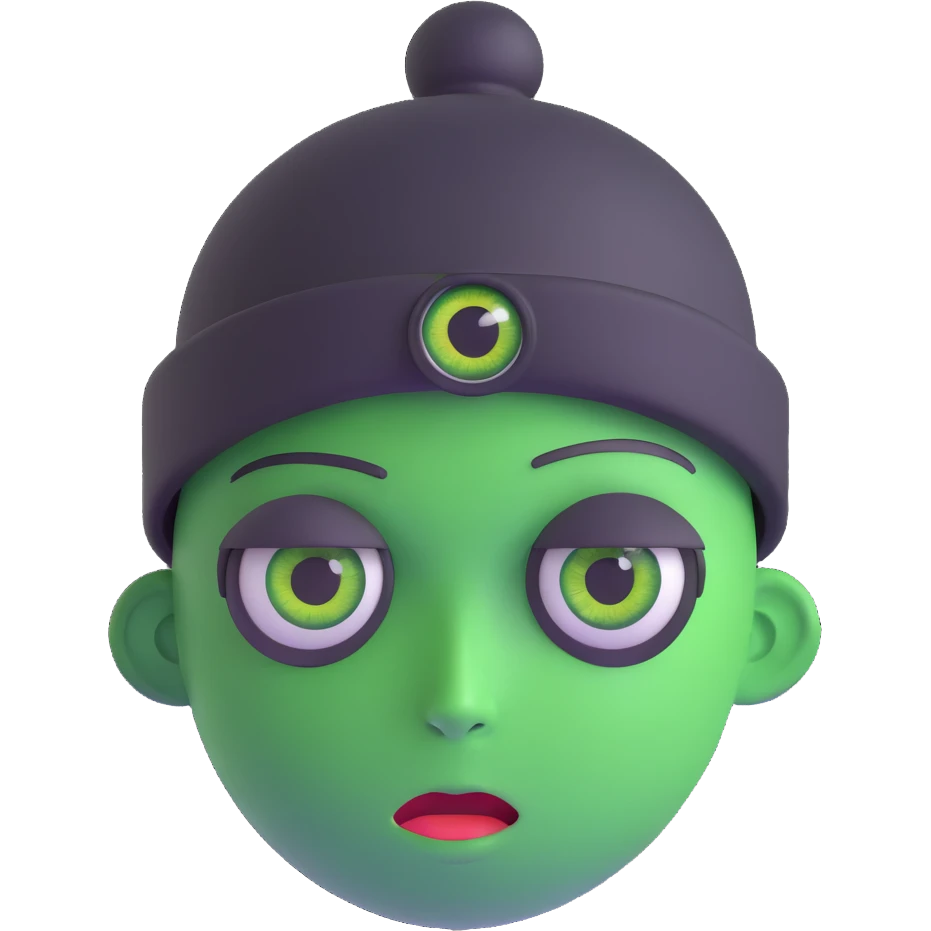 guy with 300 eyes, one big green eye in the middle of his head, hat made out of a girl on his head emoji