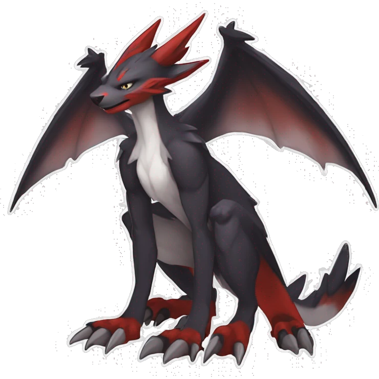 Black Cool Edgy Anthro Noivern-Nargacuga-Sergal-Fakémon  with White and Red Edgy markings emoji