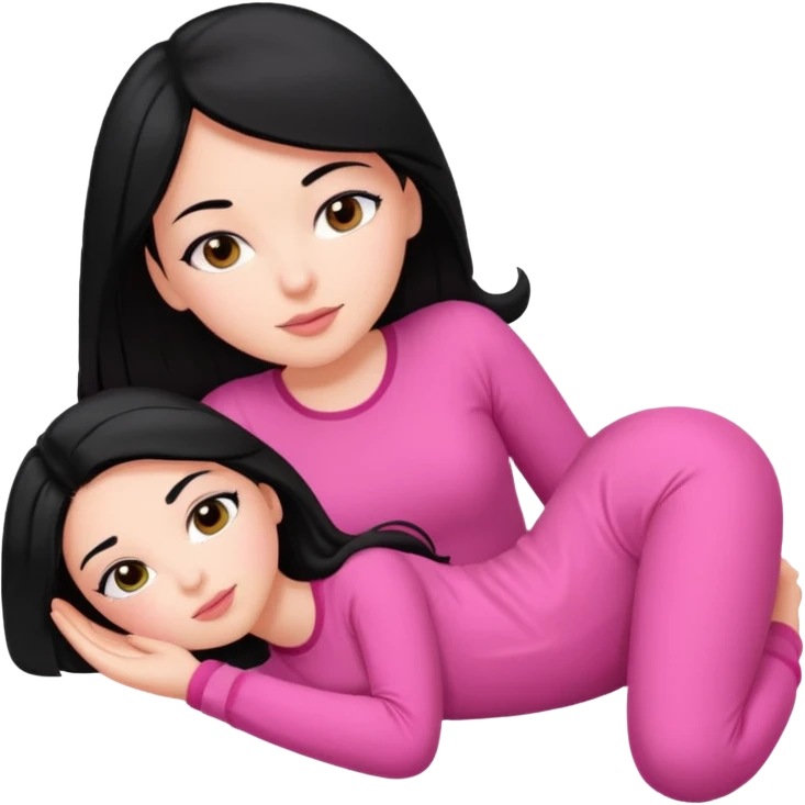 white girl, black hair with a pink outfit lying down emoji