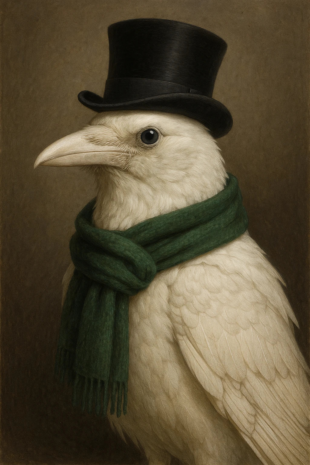 a white crow with a green scarf and a top hat emoji