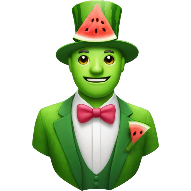 Green man with watermelon top hat and suit emoji